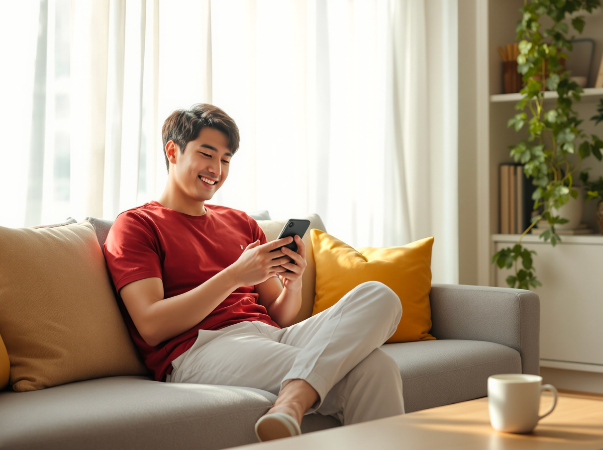 A man using his phone on a couch
